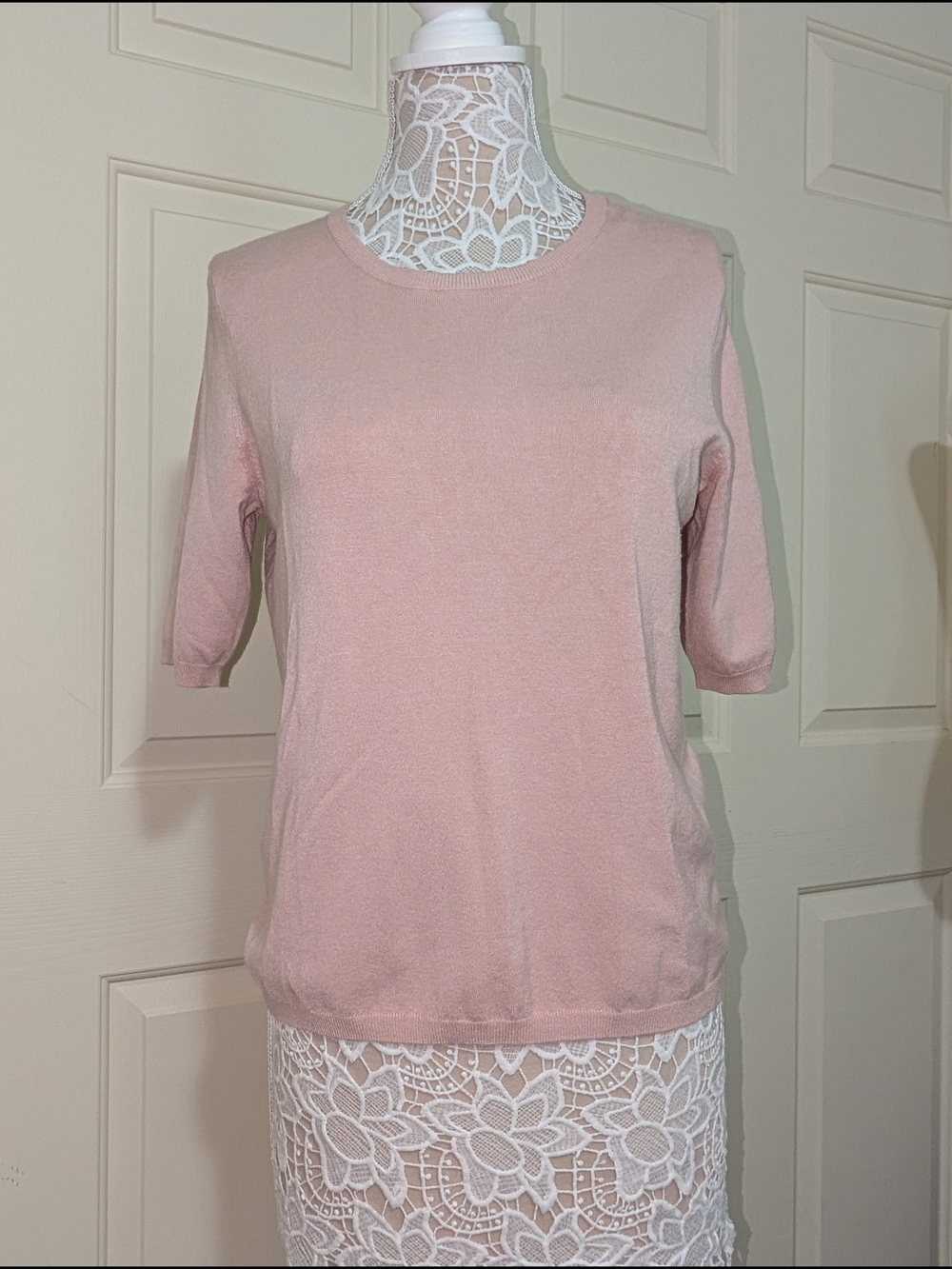 Premise Blush Pink Elbow-Sleeve Fine Knit Sweater